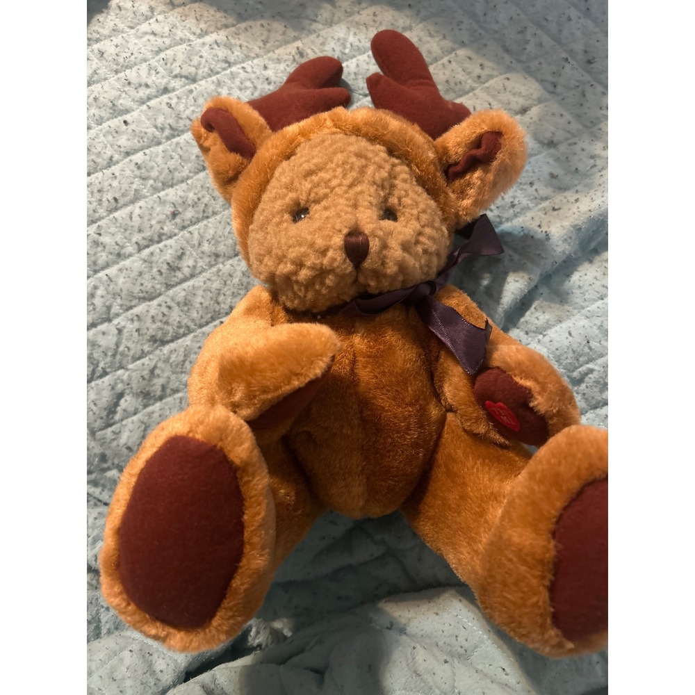 Holiday Teddy Bear Reindeer Hood Plush Brown Christmas Stuffed Animal Purple Bow